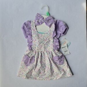 Disney Pooh 6-9mo Baby Girl's Pinafore Dress, Bodysuit, Headband 3pc Set - NWT